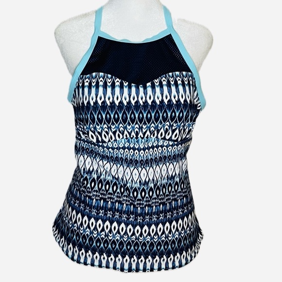 ZeroXposur High Neck Tankini Top| Blue Ikat Print | Strappy Back- Sz 14 - Picture 1 of 6